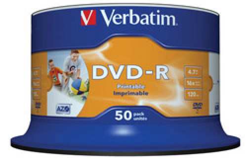 Verbatim DVD-R 16x 4,7GB 50p cake box DataLife+AZO+, nadruk,