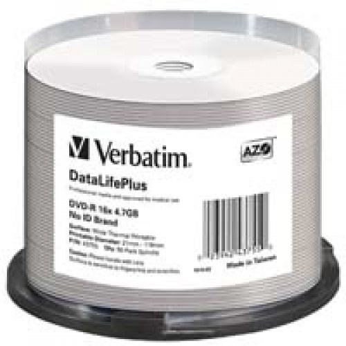 Verbatim DVD-R 16x 4,7GB 50p cake box DataLife+, AdvAZO+, nadruk termiczny